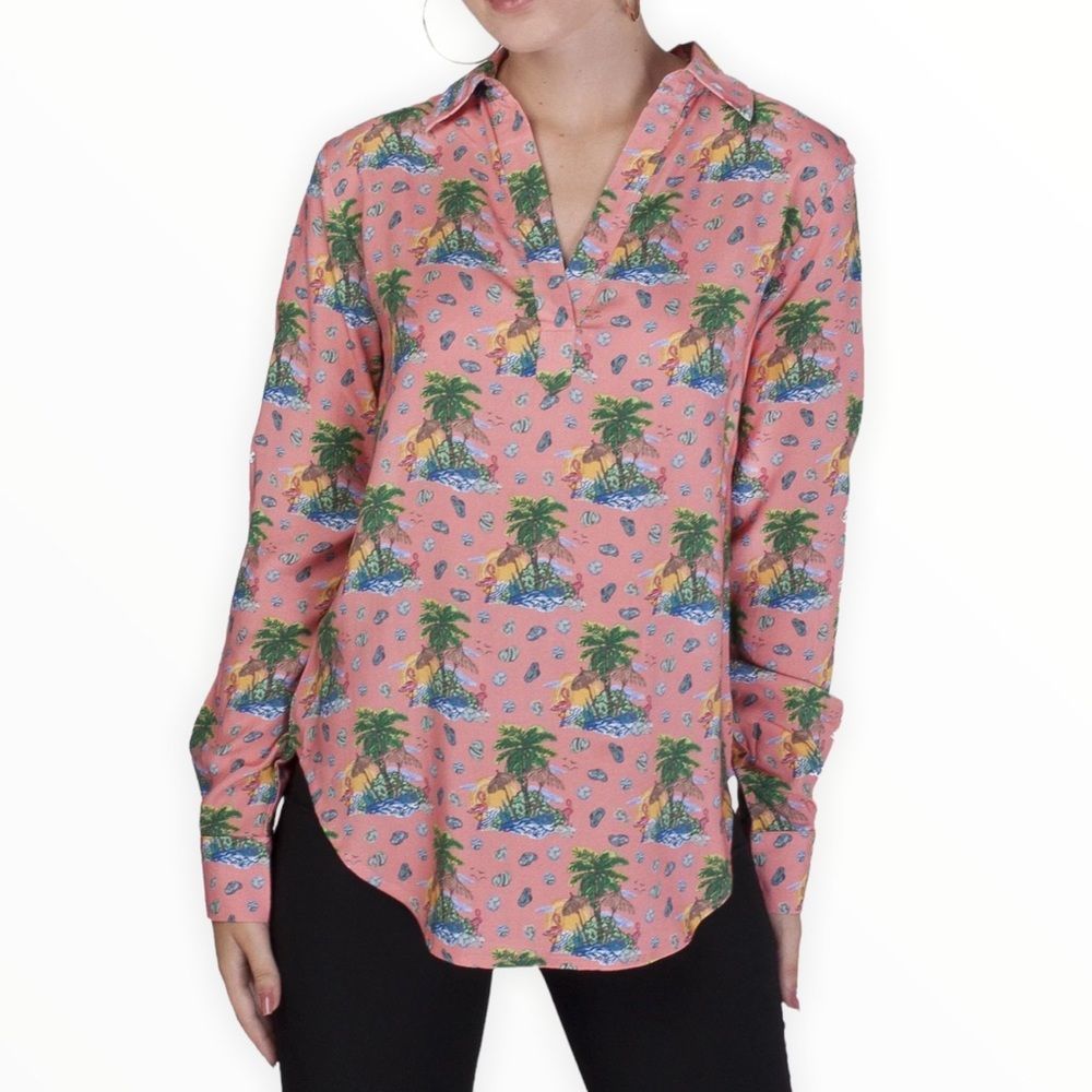 Nrvna Mode Colette Beach Print Blouse Long Sleeve V Neck Viscose size small NWT